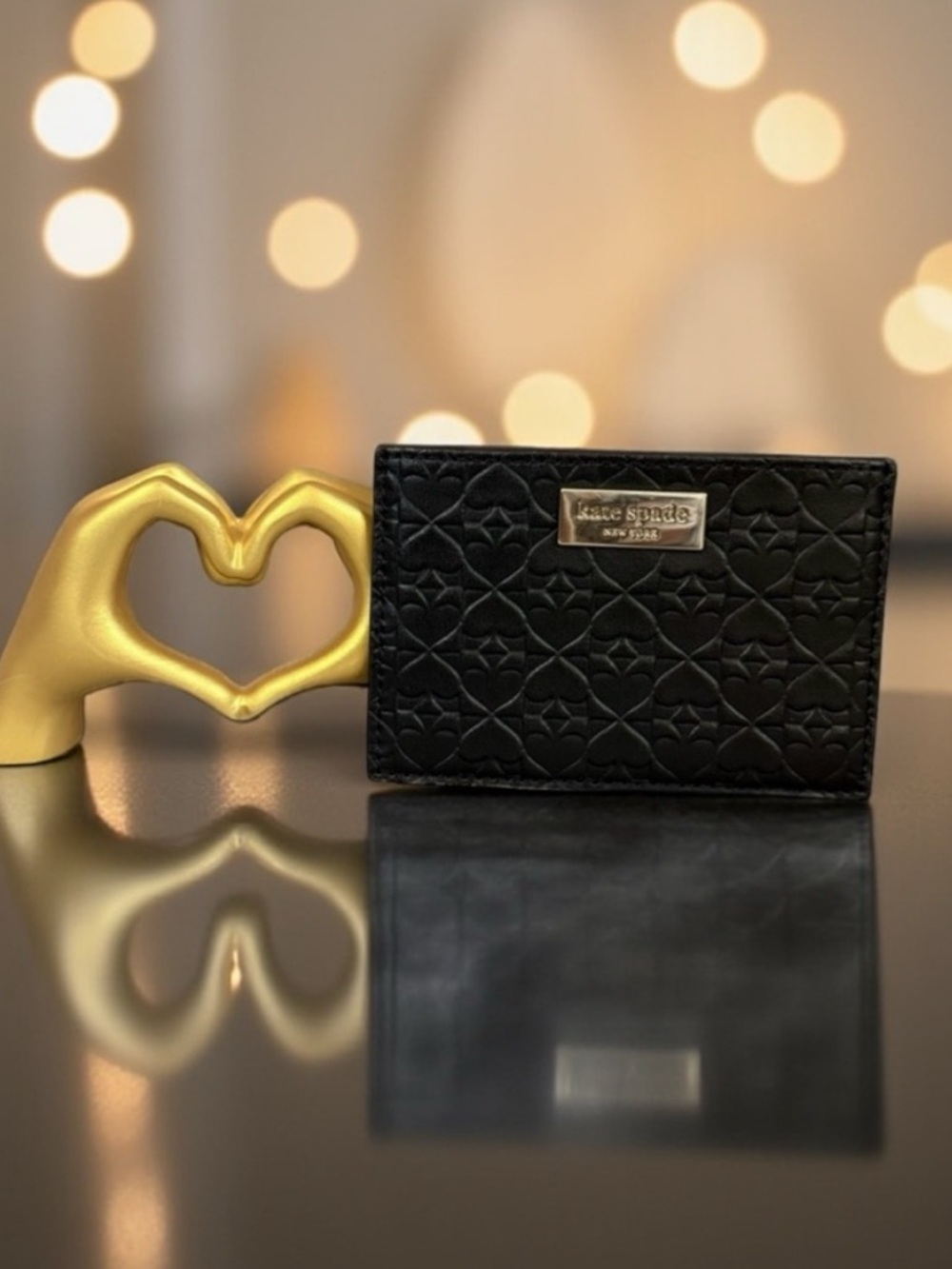 kate spade Black Quilted Card Holder with Gold Logo Plate